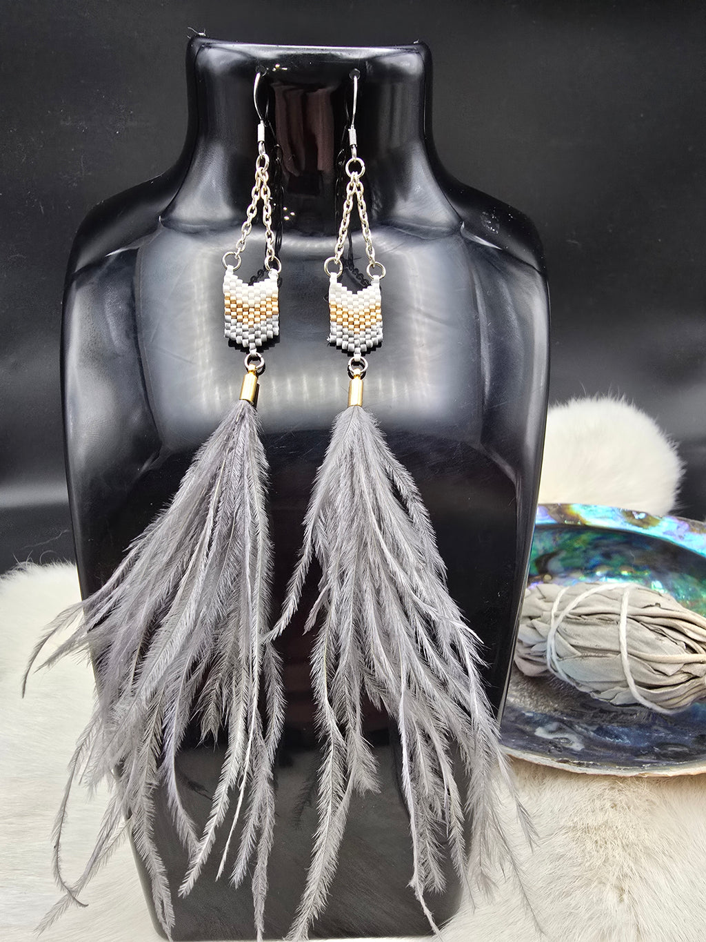 Gold & Gray feather earrings