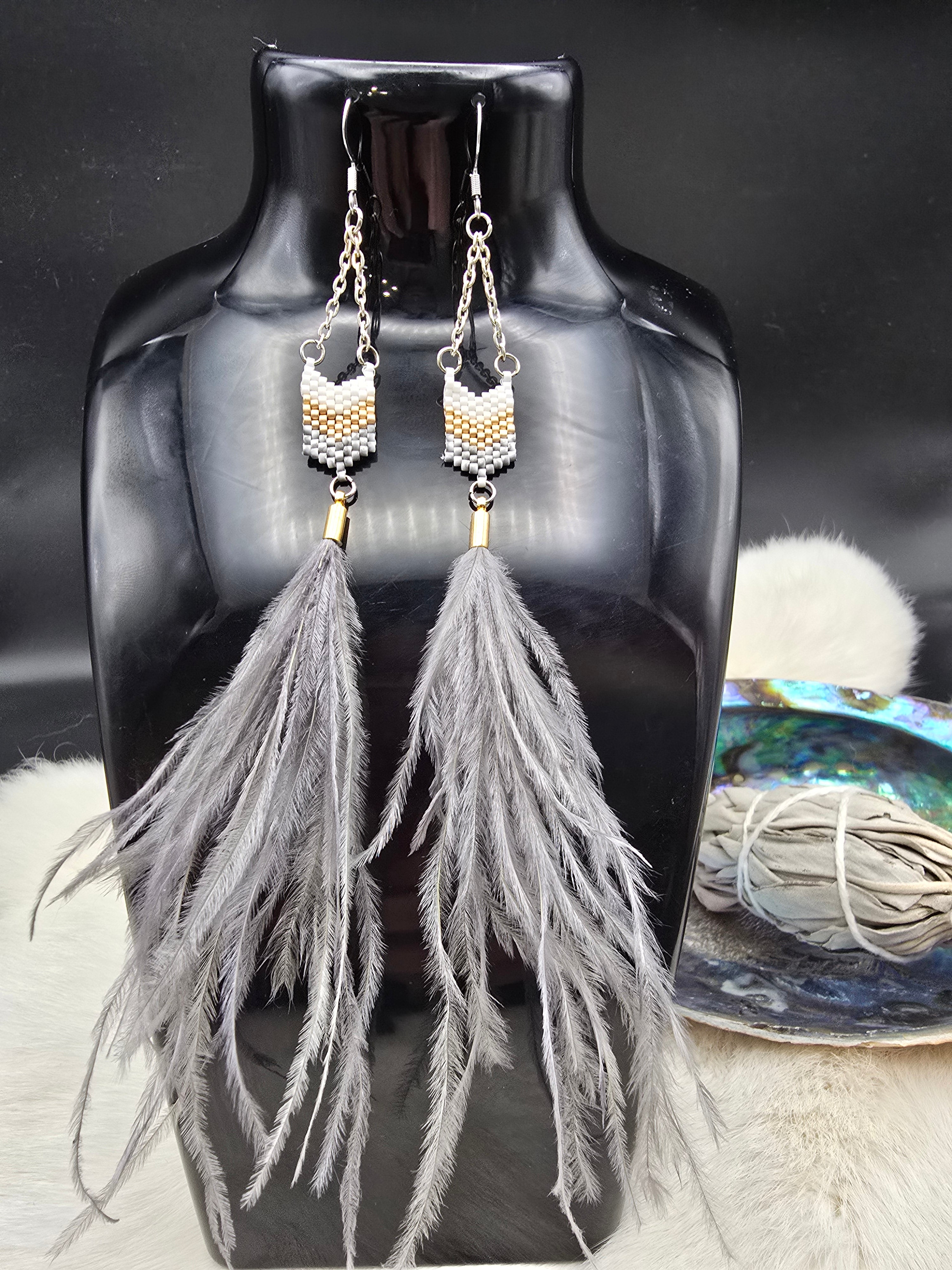 Gold & Gray feather earrings