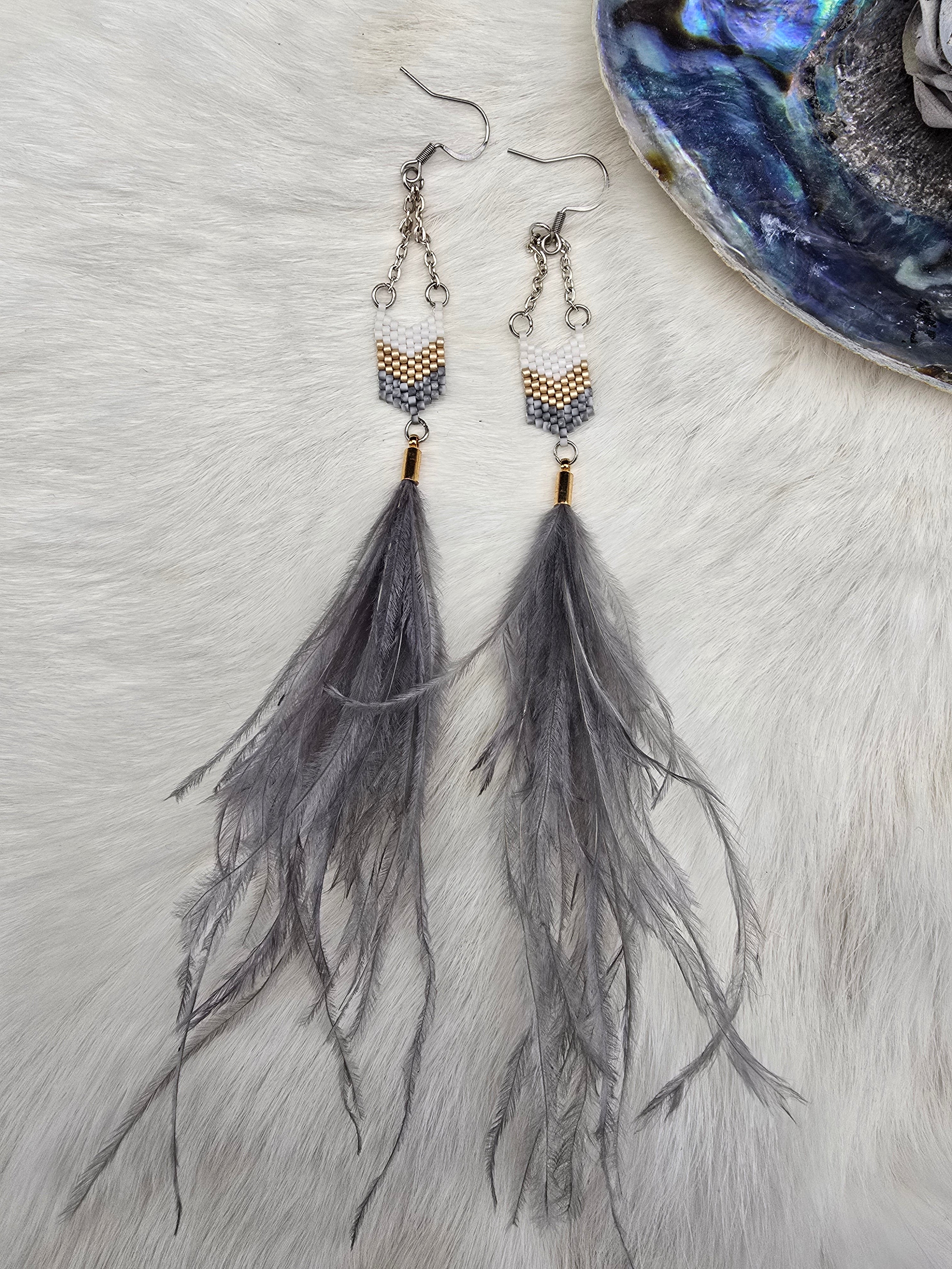 Gold & Gray feather earrings