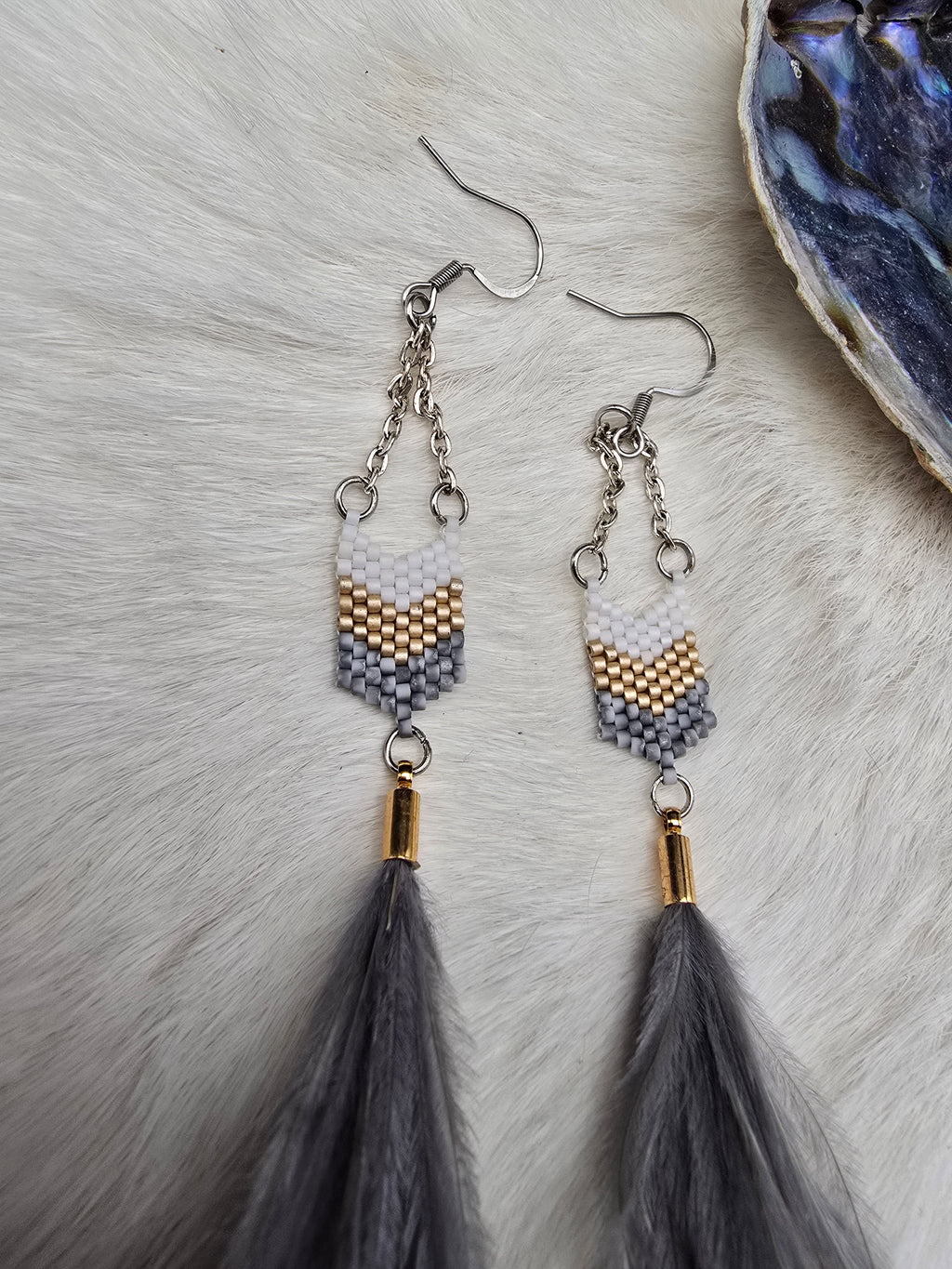 Gold & Gray feather earrings