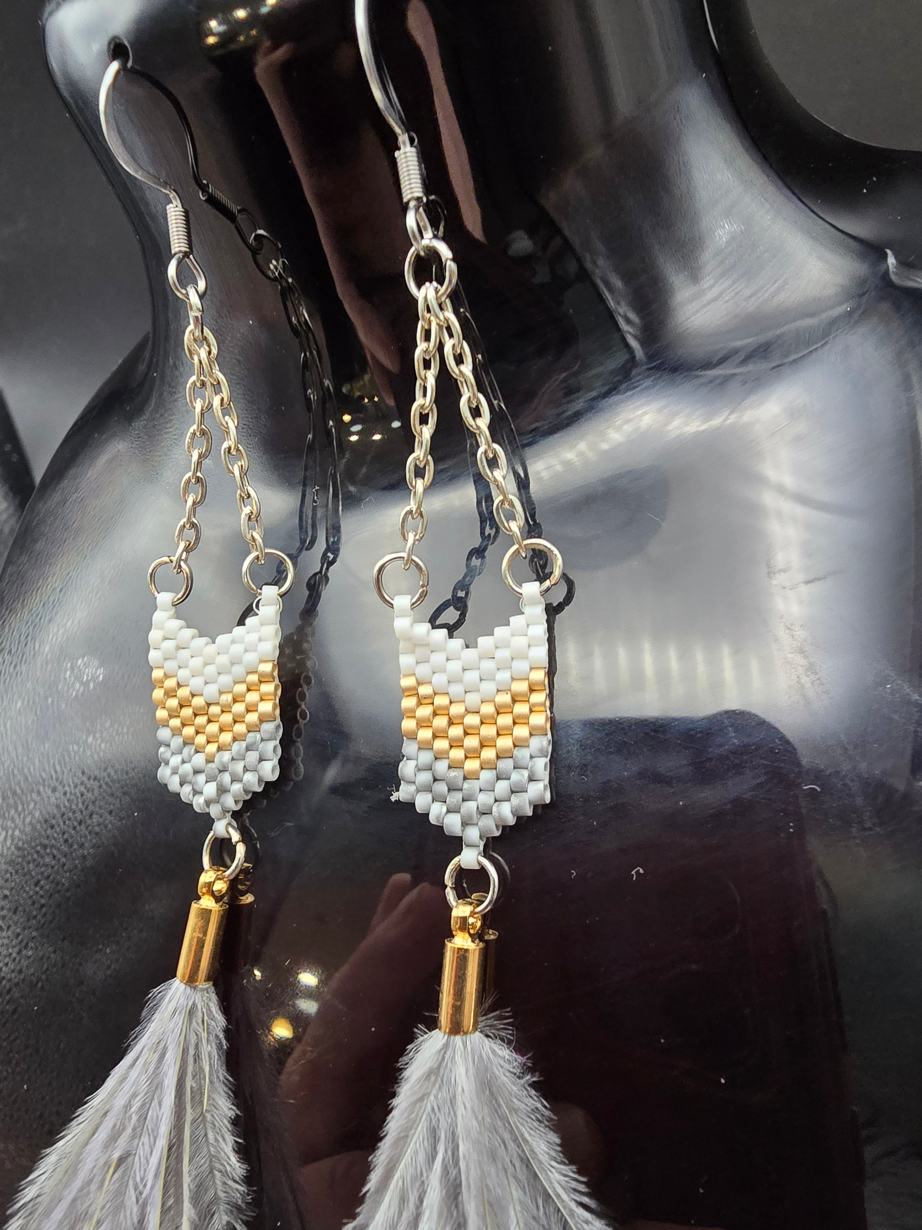 Gold & Gray feather earrings