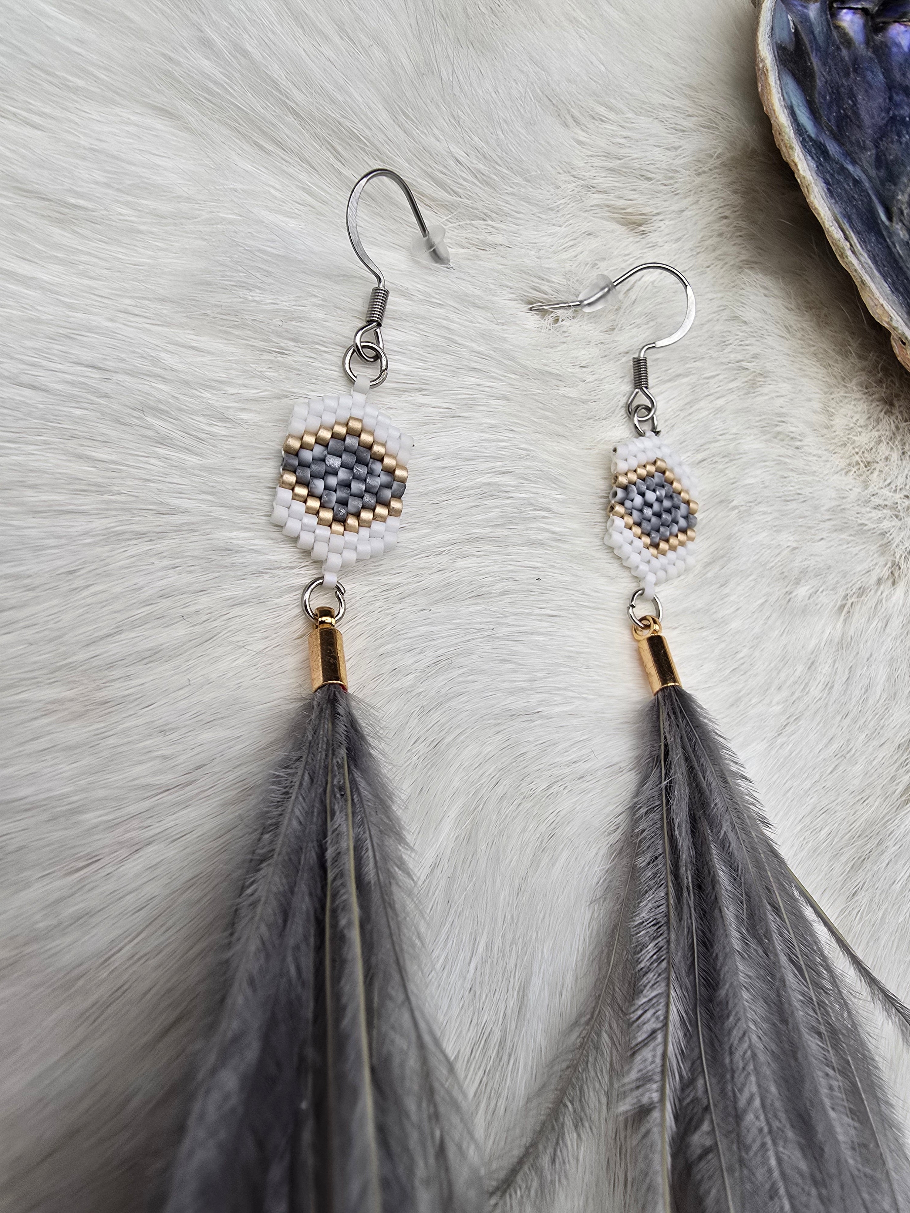 Gray & white feather earrings