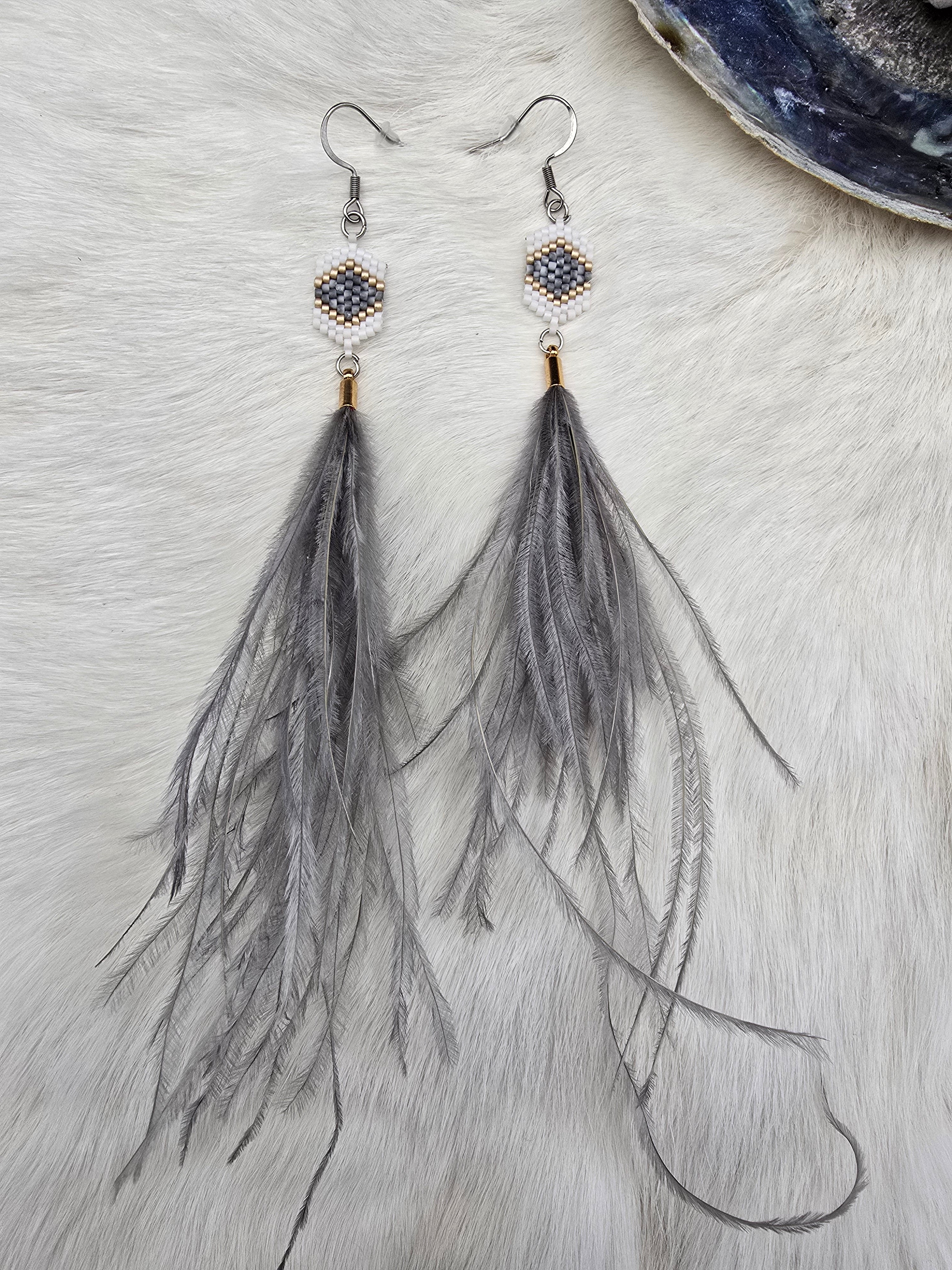 Gray & white feather earrings